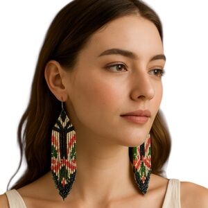 Southwestern Beaded Fringe Earrings Long Black White Red Dangle Gift‎ Ready